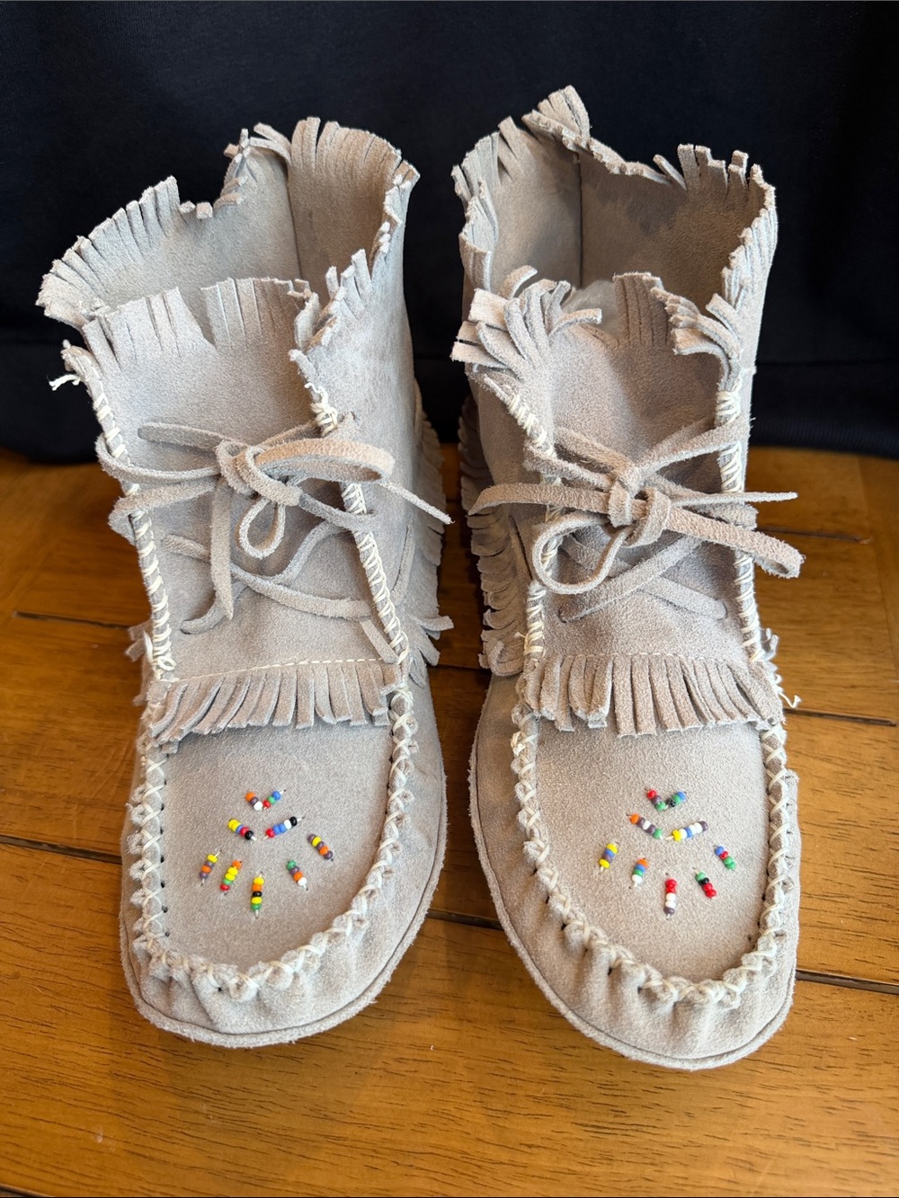 Suede Fringe Moccasin Boots in Light gray. Made in Canada 🇨🇦
